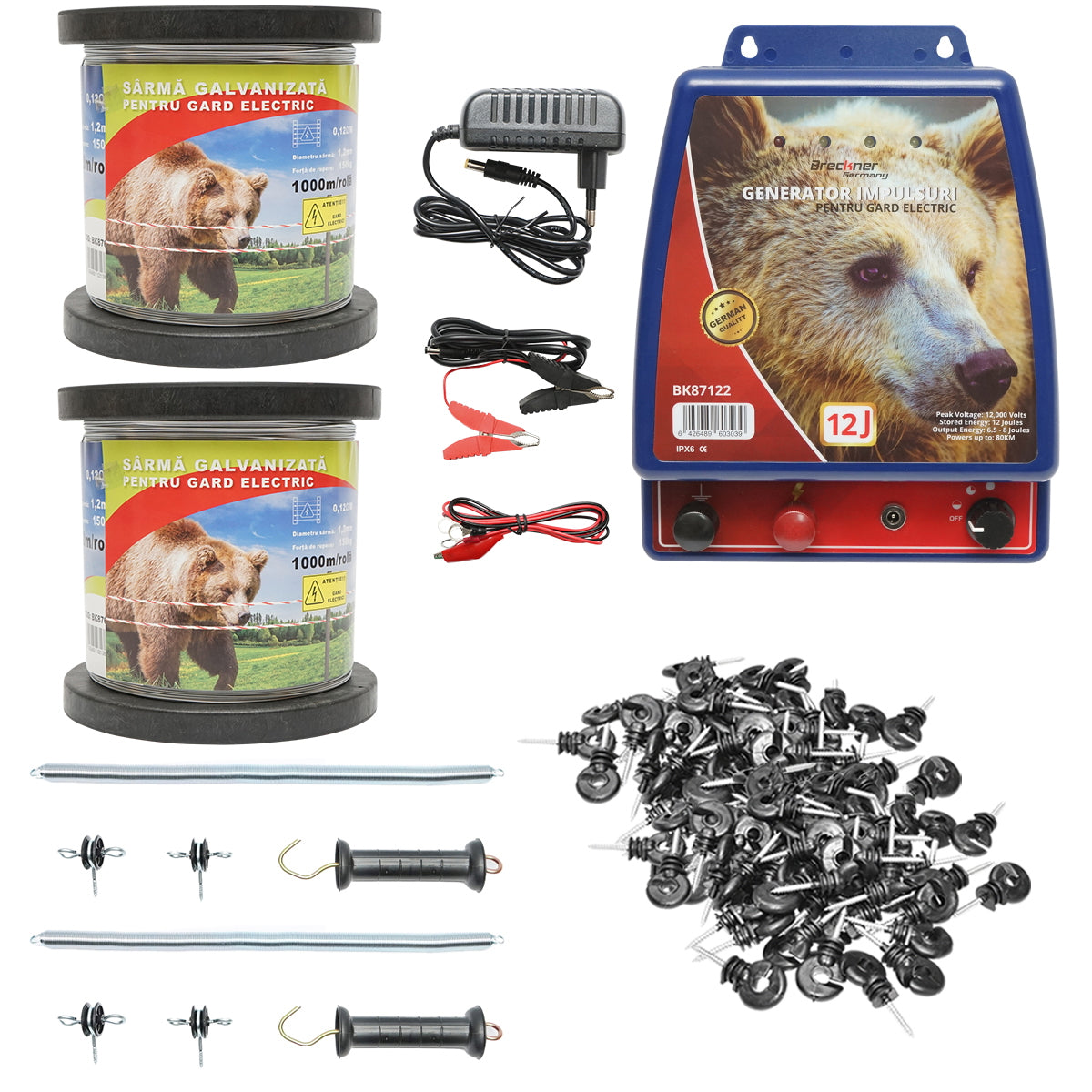Complete electric fence kit 12V-220V, 12 Joules, wire length 2000m, 200 insulators, Breckner Germany gate kit.